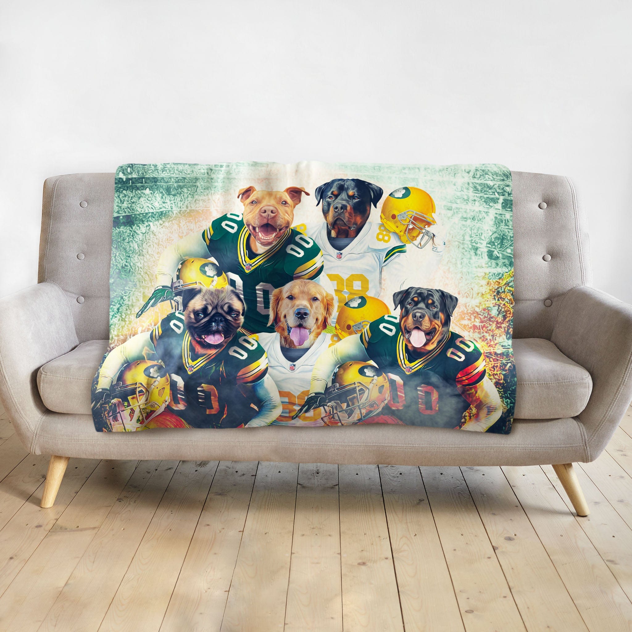 Personalized minky blanket with five dogs in Green Bay Packers football uniforms.