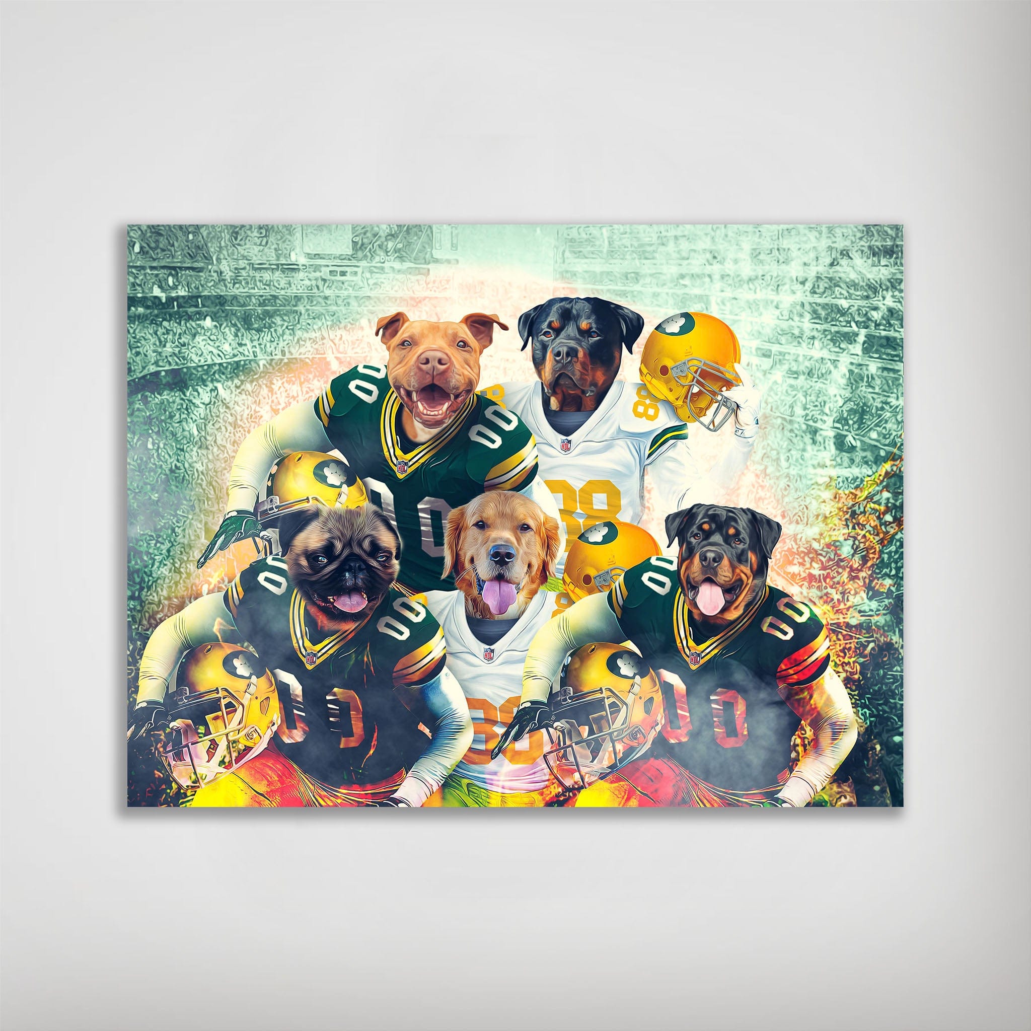 Personalized Green Bay Doggos 5-pet poster featuring dogs in football uniforms and helmets.