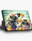 Personalized 5-pet standing canvas featuring dogs in Green Bay Doggos football uniforms.