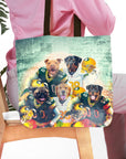 Personalized 5-pet tote bag featuring dogs in Green Bay Doggos football uniforms.