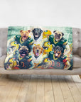 Personalized Green Bay Doggos 6-pet football team portrait blanket on a gray sofa.
