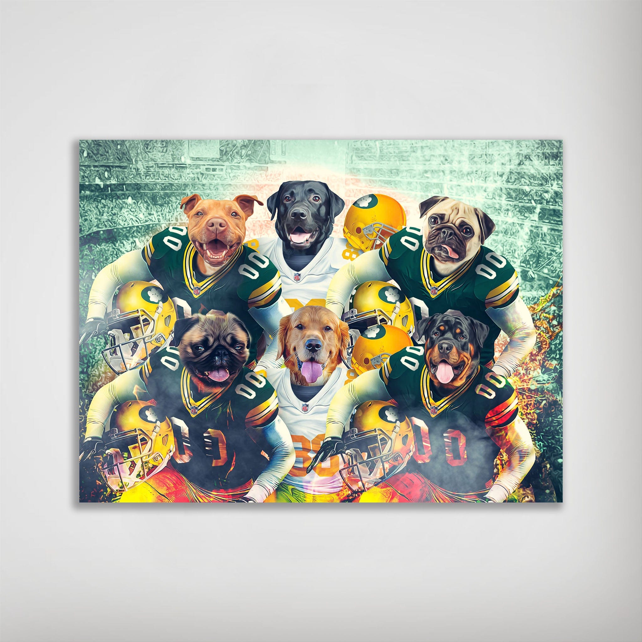 Personalized Green Bay Doggos poster featuring six pets as football players in green and gold uniforms.