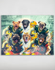 Personalized Green Bay Doggos poster featuring six pets as football players in green and gold uniforms.