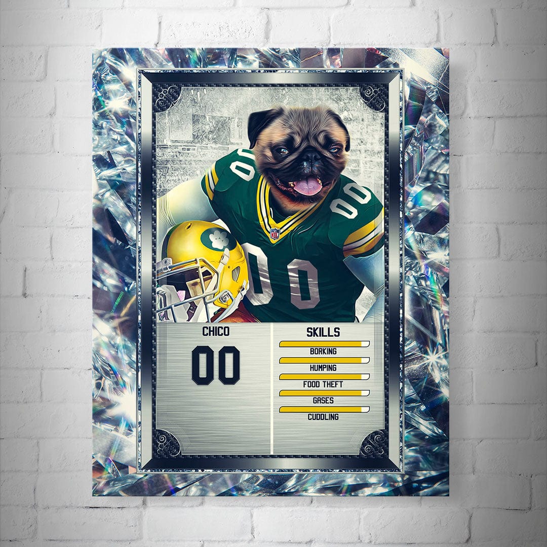 Personalized Green Bay Doggos pet football trading card poster featuring a pug in a green jersey.