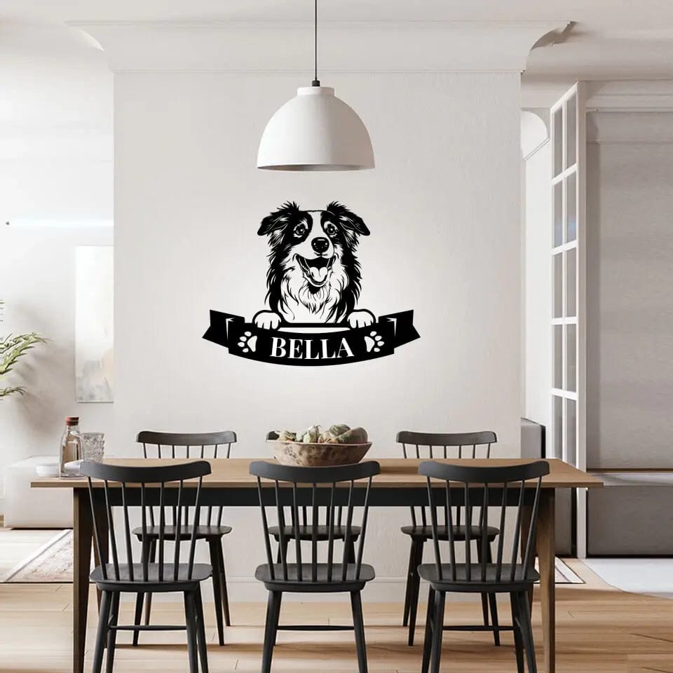 Black metal die-cut sign featuring a Border Collie portrait and a customizable name banner.