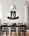 Black metal die-cut sign featuring a Border Collie portrait and a customizable name banner.