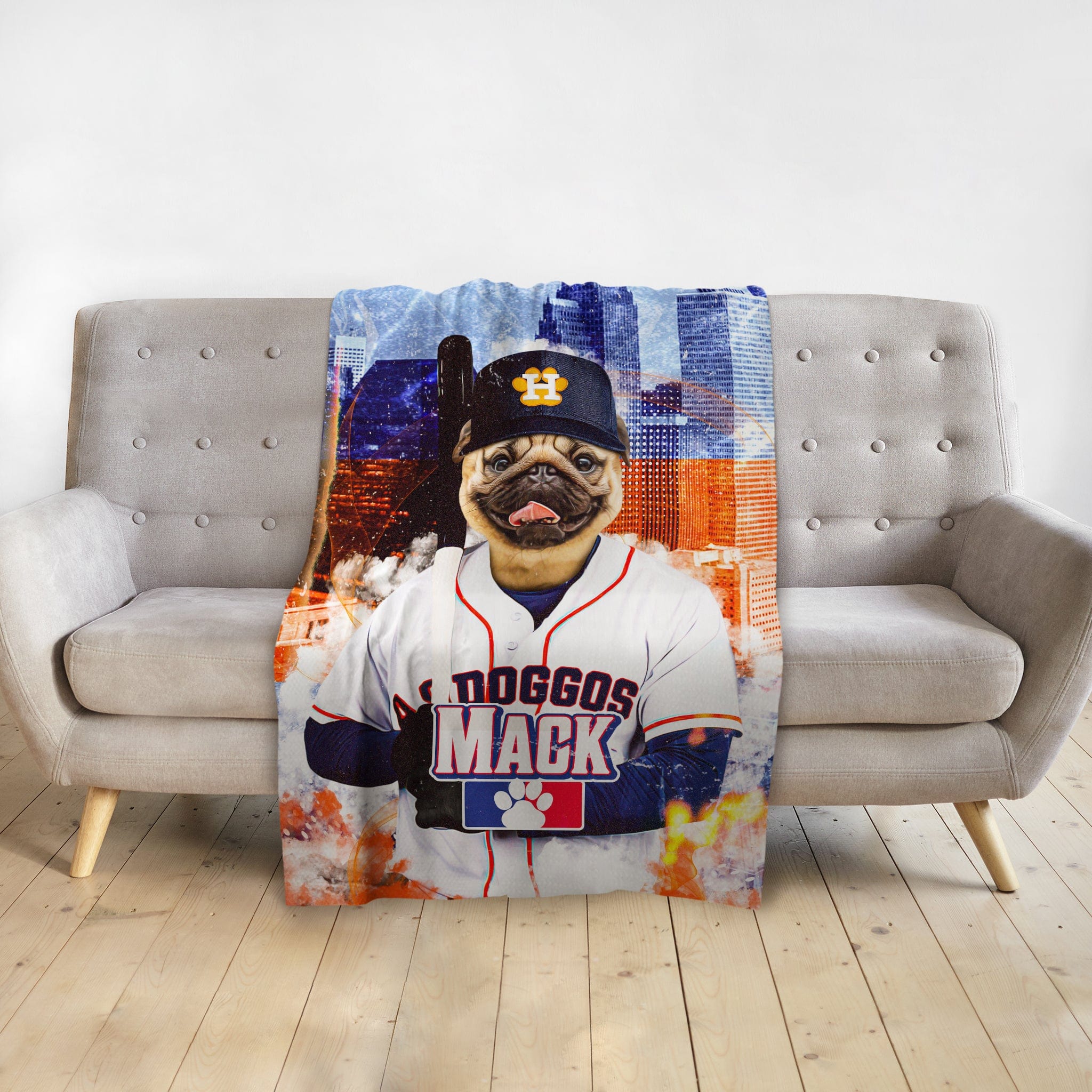 Personalized pet blanket with a pug dog in a Houston Astros baseball uniform.