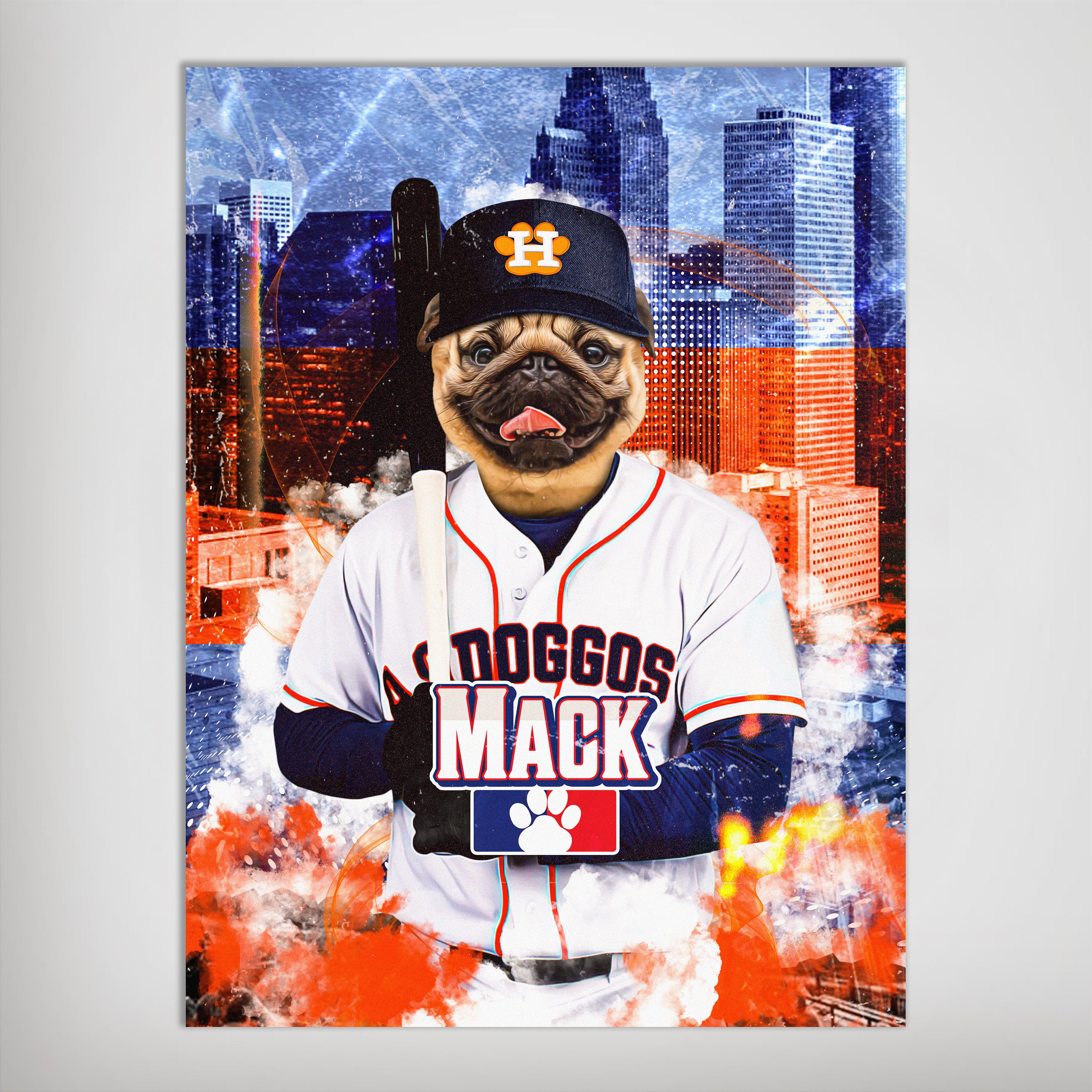Personalized 'Houston Astro Doggos' poster featuring a pug in a baseball uniform with a bat, set against a city skyline.