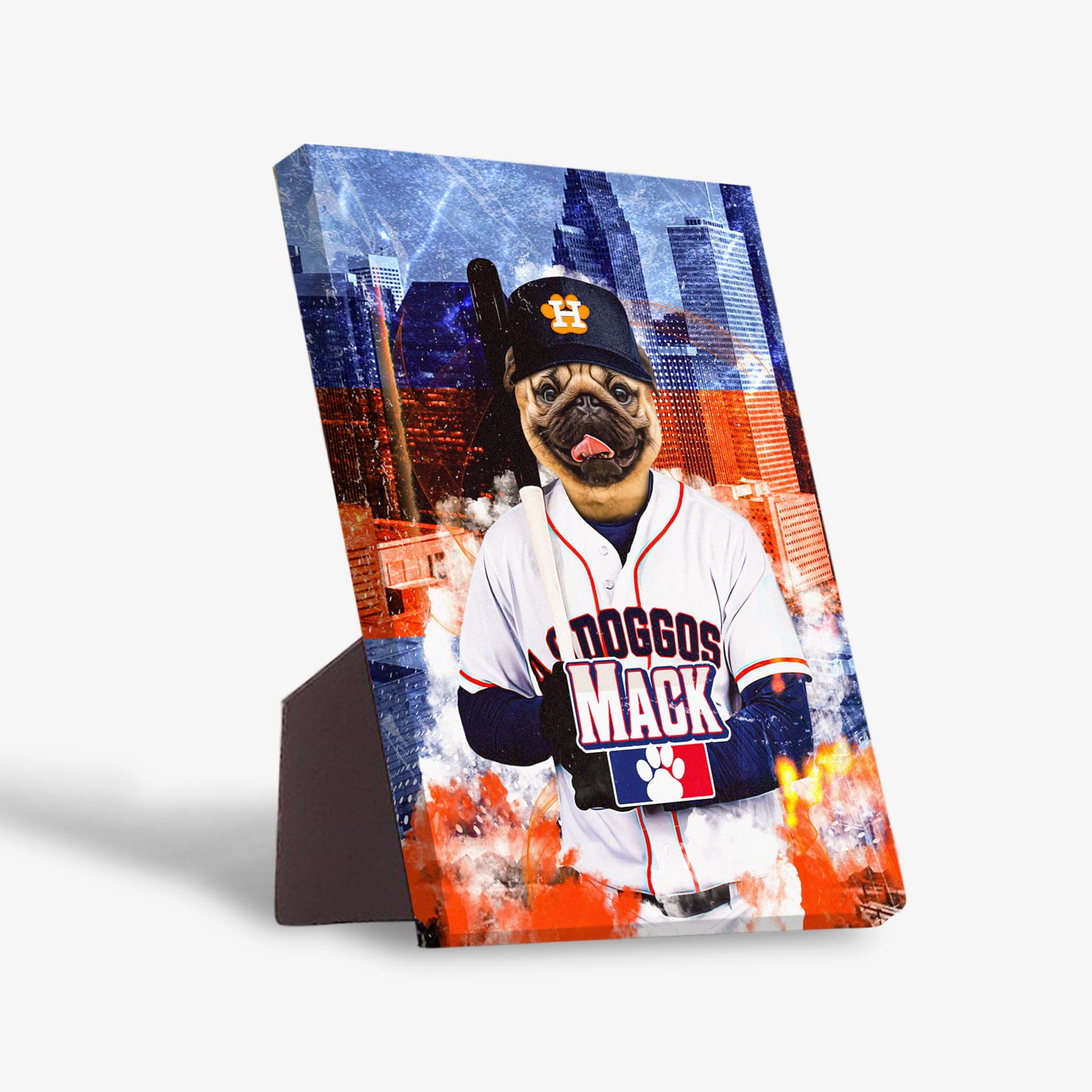 Personalized pug pet portrait on a standing canvas, dressed in a Houston Astros baseball uniform.