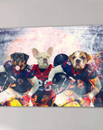 Personalized 'Houston Doggos' canvas featuring three pets in football uniforms against a stadium backdrop.