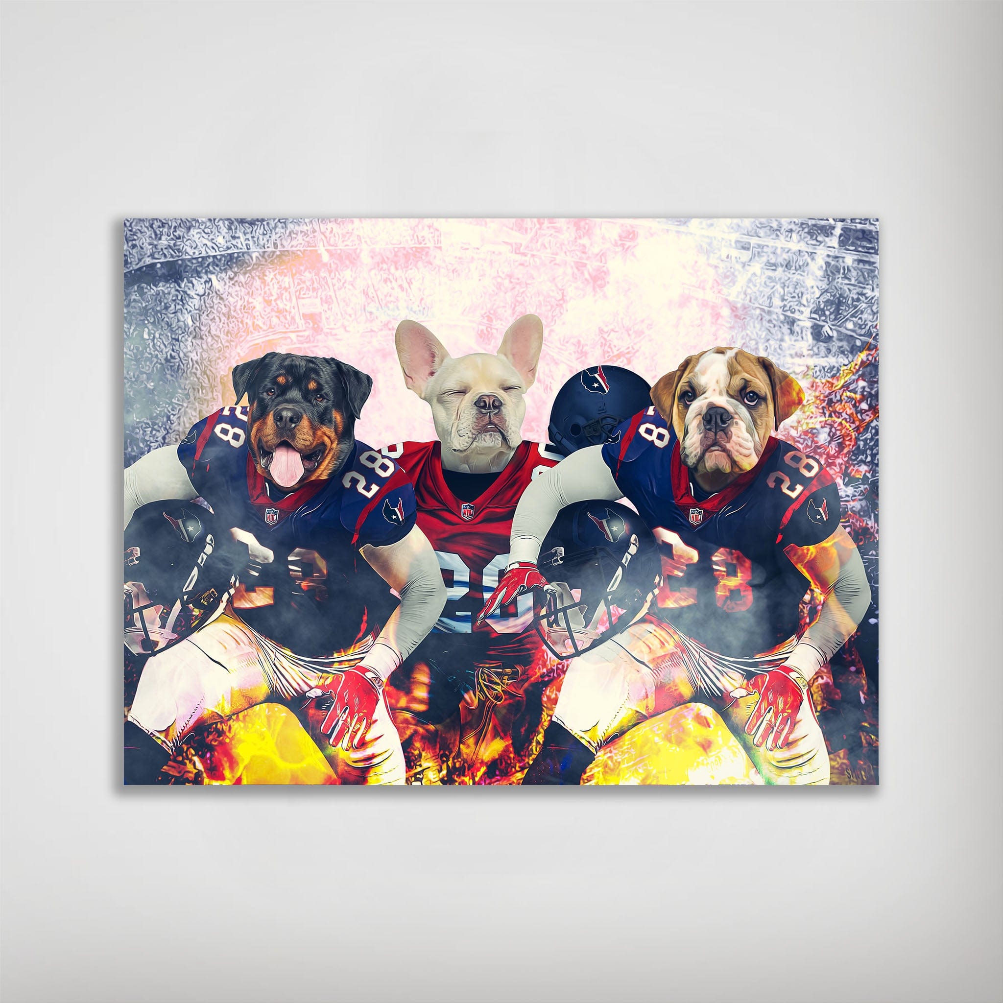 Personalized 3-pet poster featuring a Rottweiler, French Bulldog, and English Bulldog in Houston Texans football uniforms.