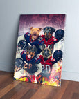 Personalized 'Houston Doggos' canvas featuring four pets as football players in red and blue jerseys.