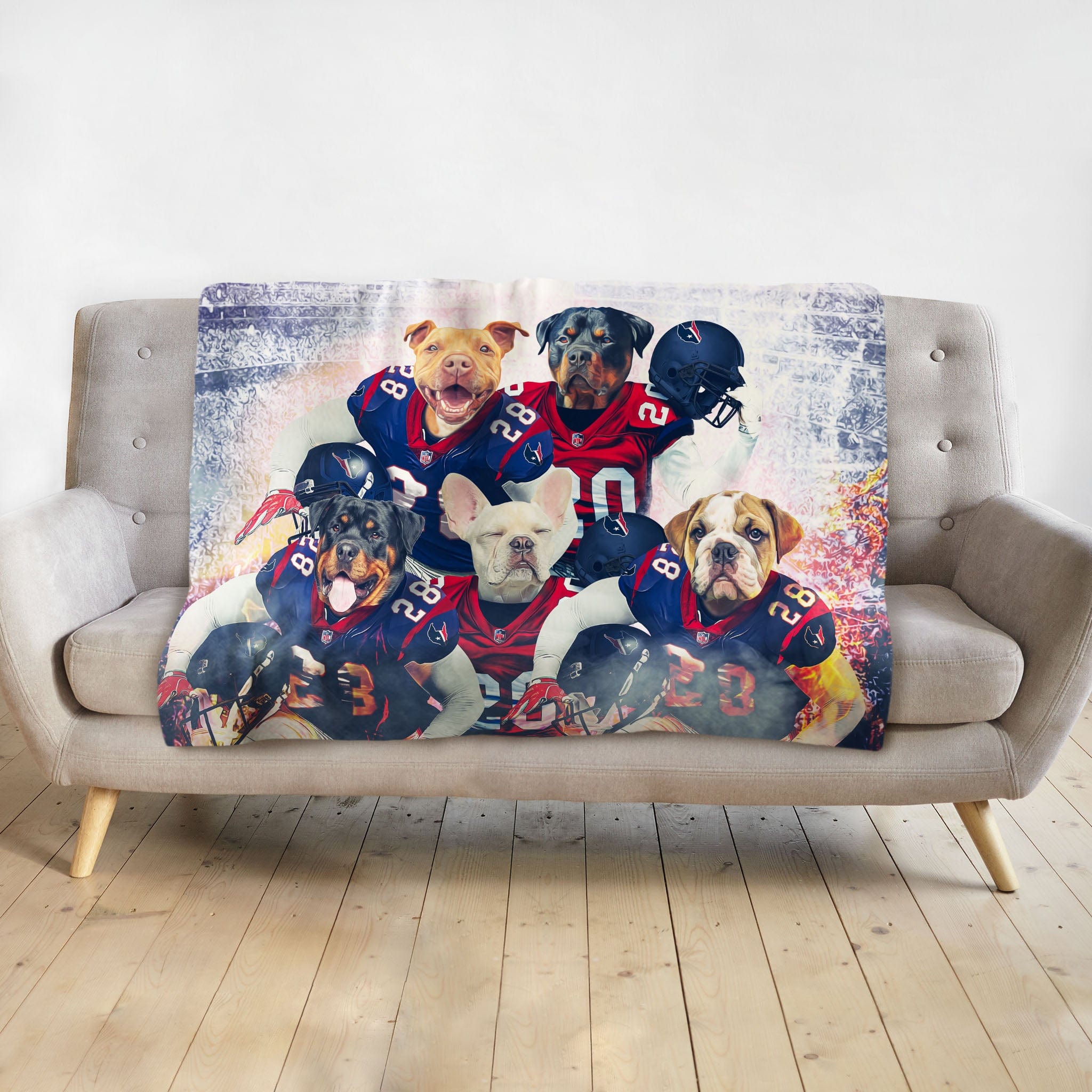Personalized 5-pet blanket with dogs in Houston Doggos football uniforms.