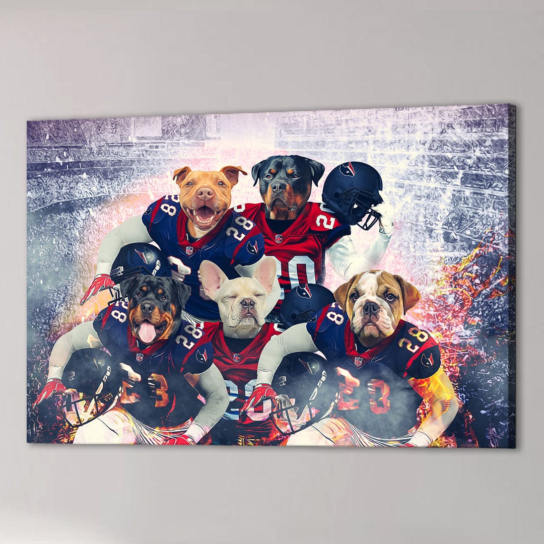 Custom canvas with five pets as football players in red and blue jerseys, set in a stadium.