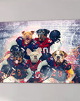 Custom canvas with five pets as football players in red and blue jerseys, set in a stadium.