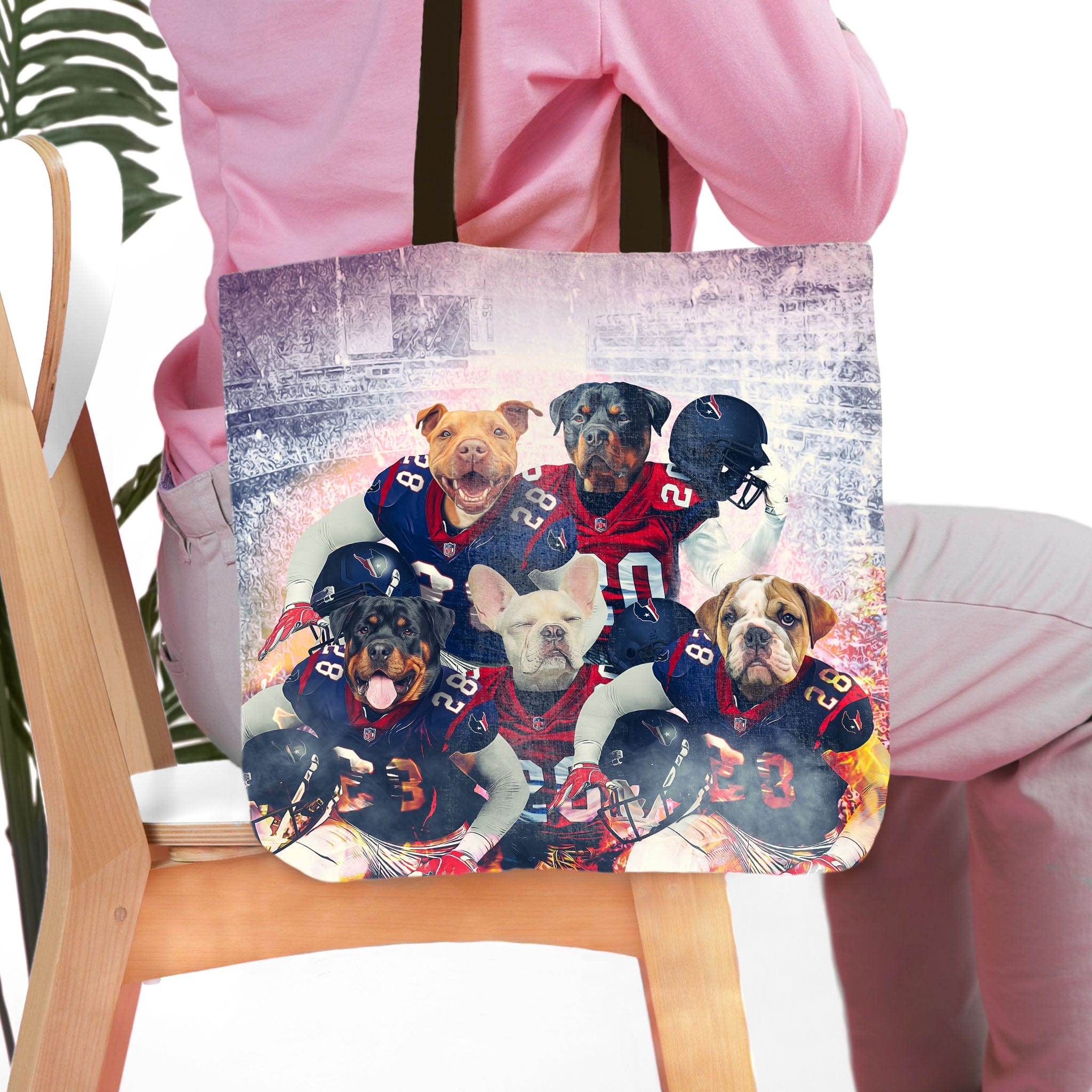 Personalized 5-pet tote bag with dogs in football uniforms, a stadium background, and a purple-tinted sky.