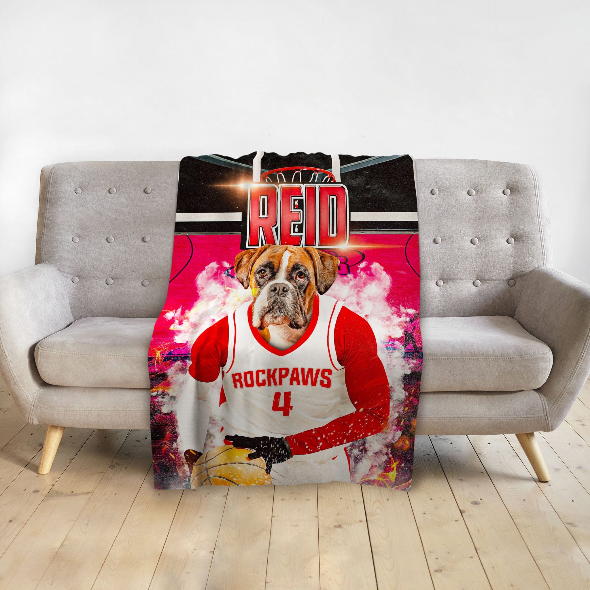 Personalized pet blanket with a boxer dog in a red basketball uniform, "Rockpaws" text, and a court background.