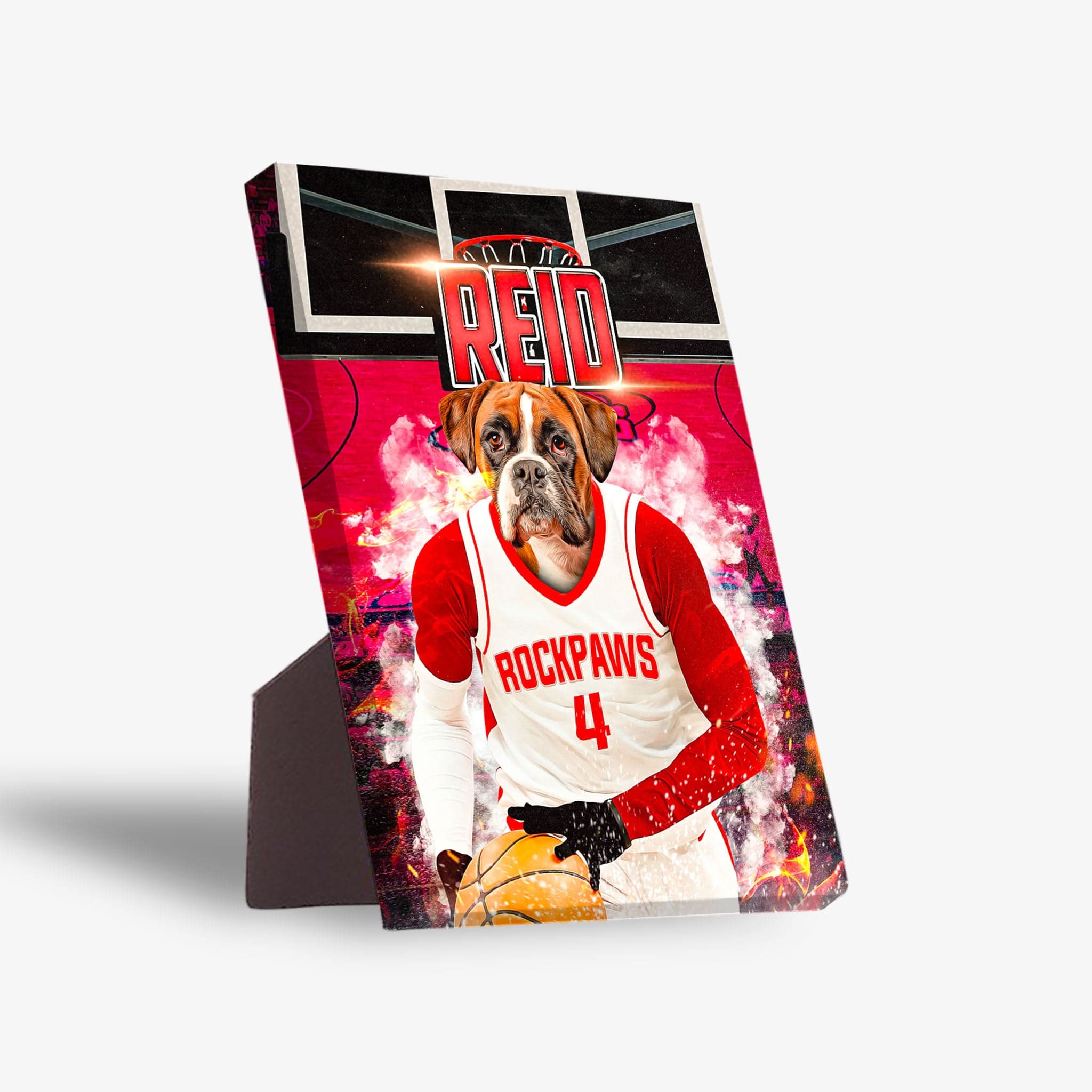 Personalized pet standing canvas featuring a boxer dog in a red and white basketball jersey with "ROCKPAWS" and "4" on it, holding a basketball, against a red court background.