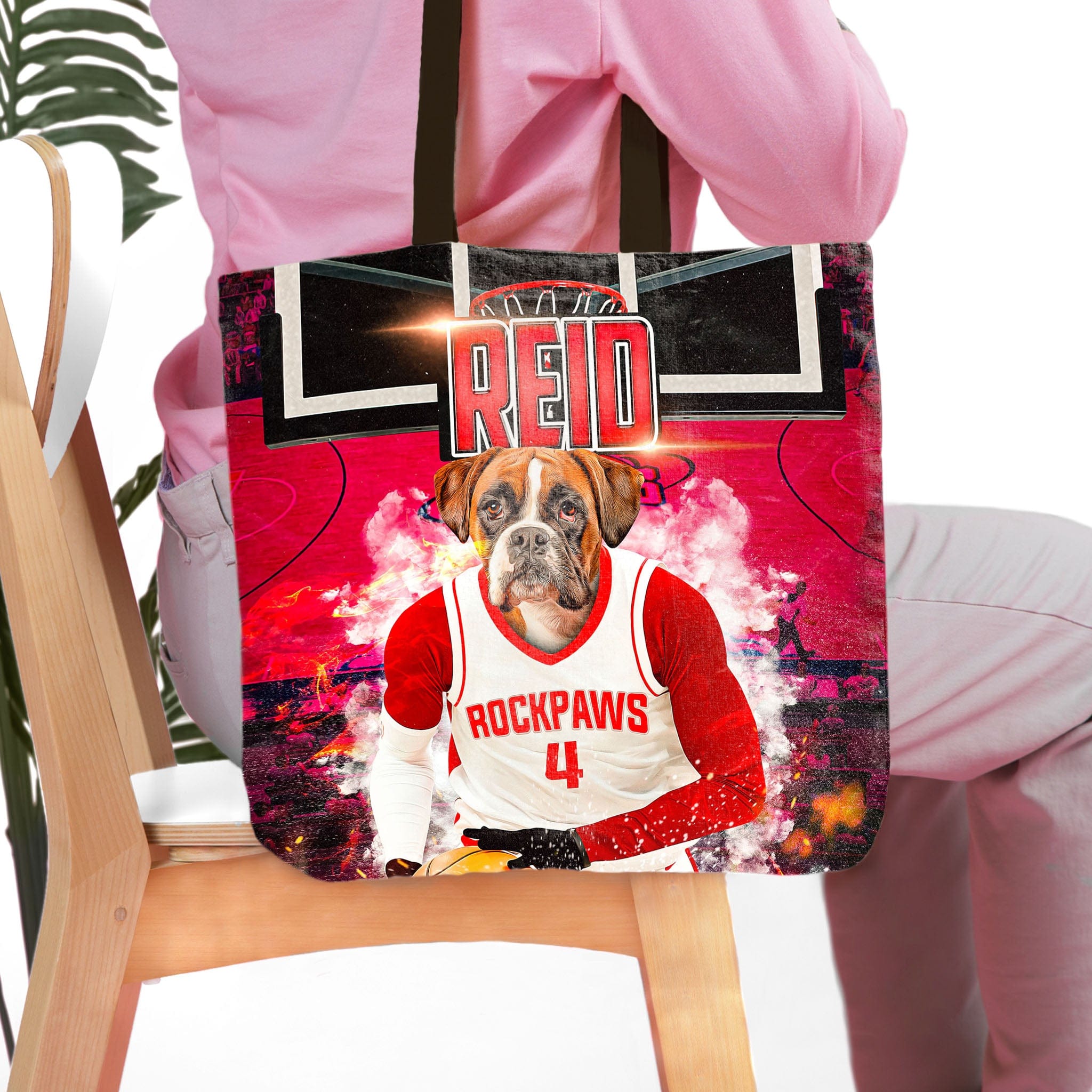 Personalized 'Houston Rockpaws' tote bag with a boxer dog pet portrait in a basketball uniform.