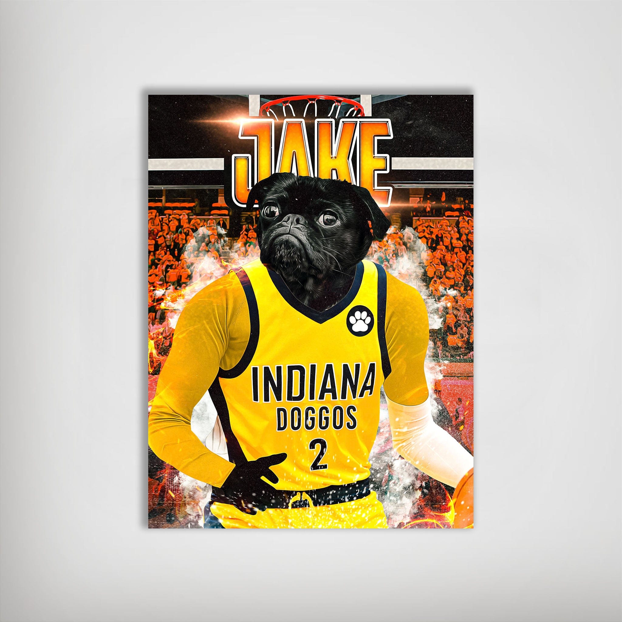 Personalized matte poster featuring a black pug in a yellow Indiana Doggos basketball jersey.