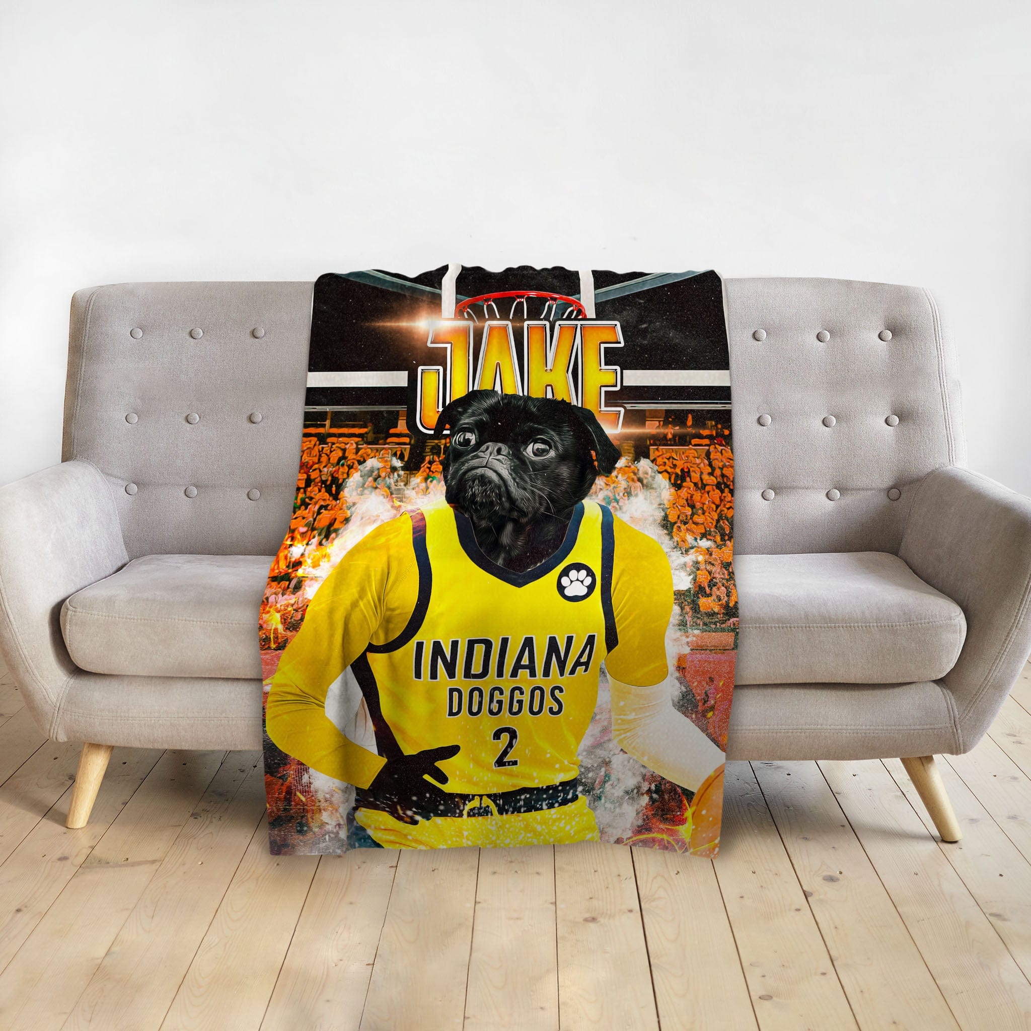 Personalized pet blanket with a black pug in a yellow Indiana Doggos basketball jersey.