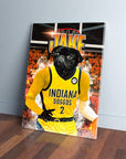 Personalized pet canvas featuring a black pug in an Indiana Pacers Doggos yellow basketball jersey.