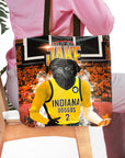 Personalized Indiana Pacers Doggos tote bag with a custom pug pet portrait in a basketball uniform.