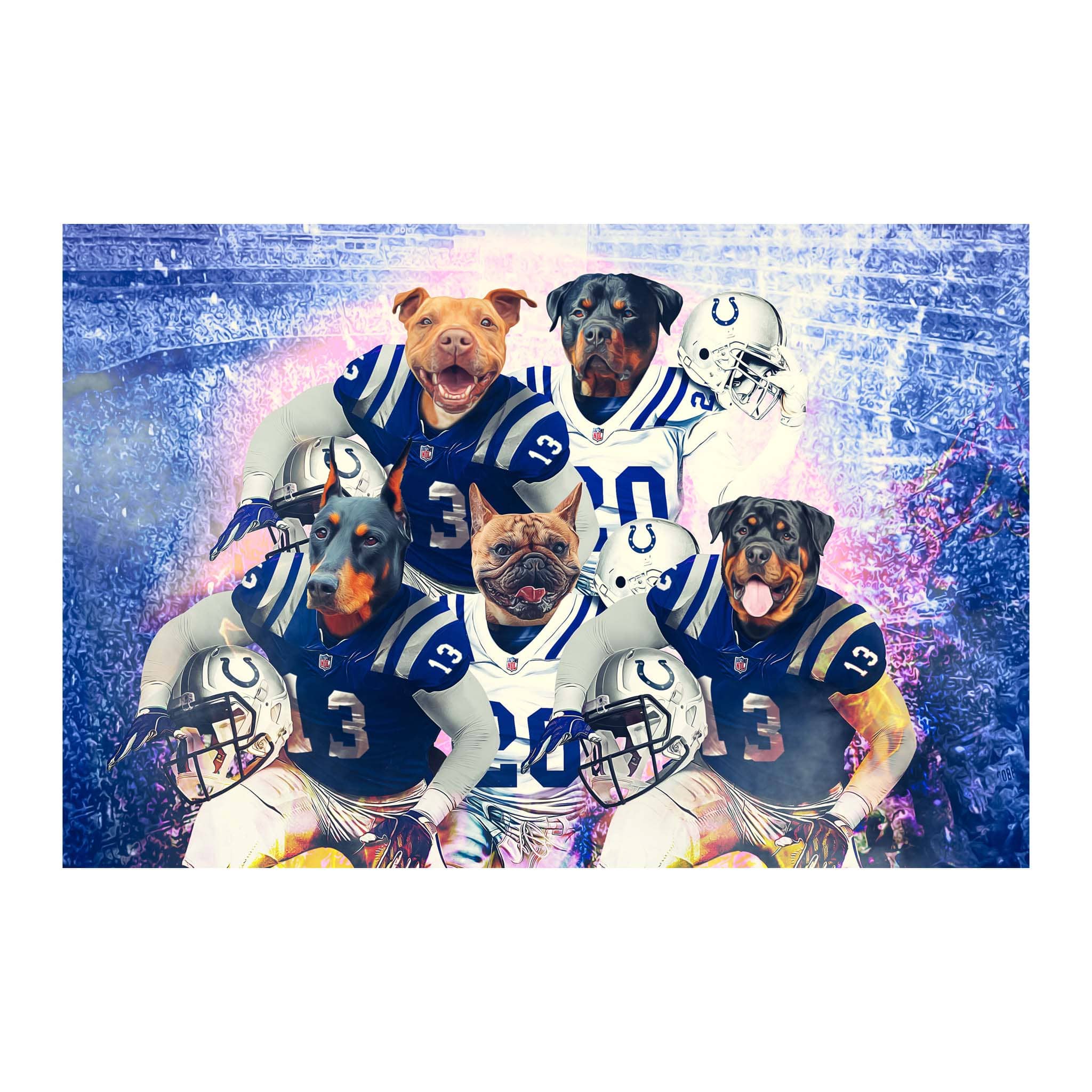 Custom digital portrait of five dogs as Indianapolis Colts football players.