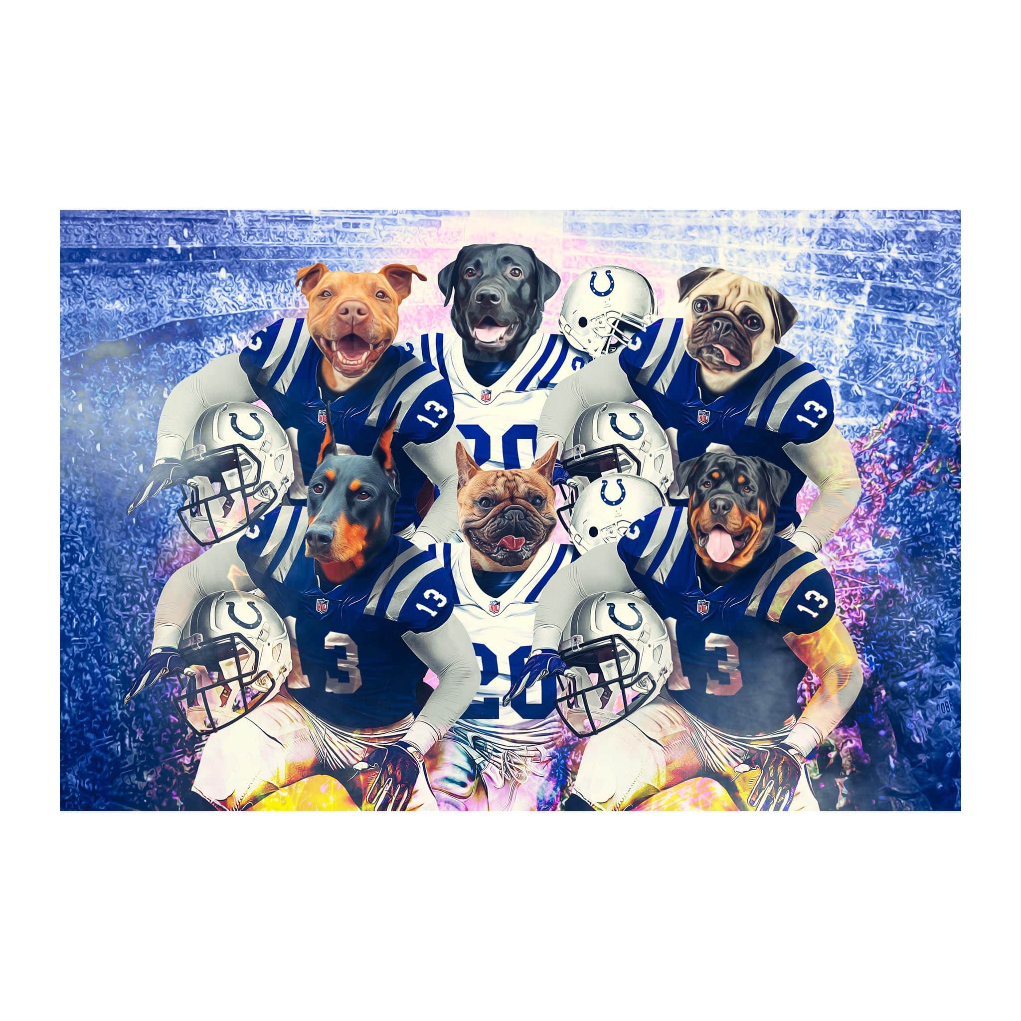 Custom digital portrait of six pets as Indianapolis Colts football players.