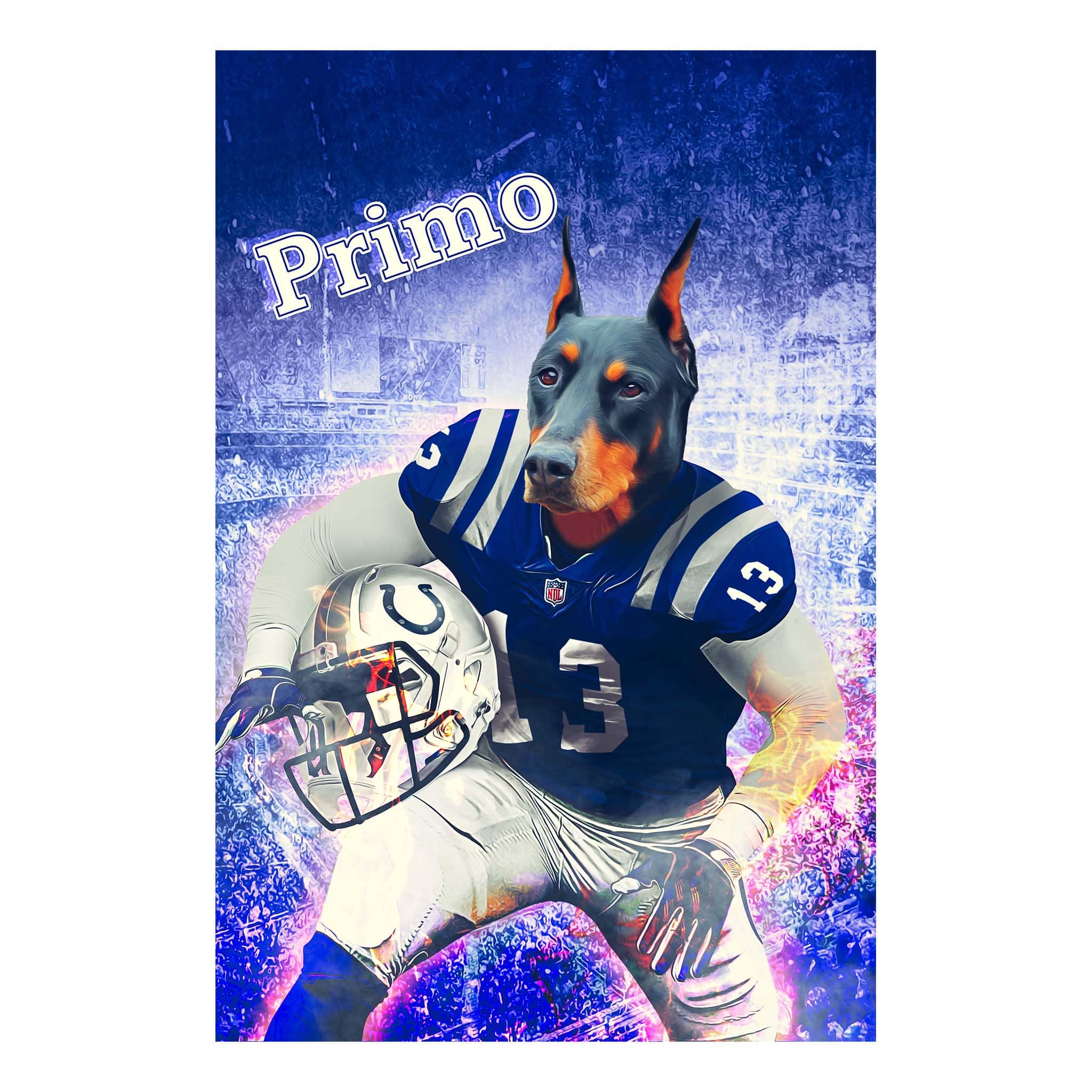 Personalized digital portrait of a Doberman dog in an Indianapolis Colts football uniform, holding a helmet, with "Primo" text.