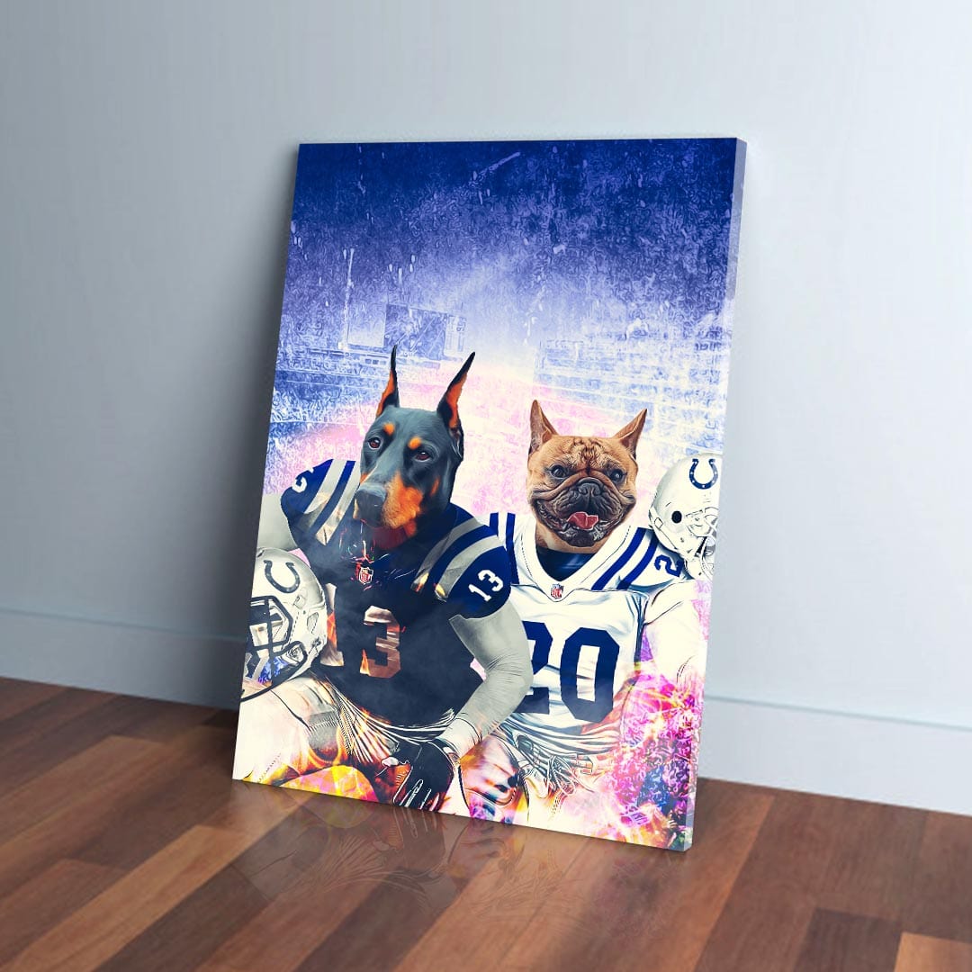 Personalized canvas featuring two pets as Indianapolis Colts football players in blue and white jerseys.