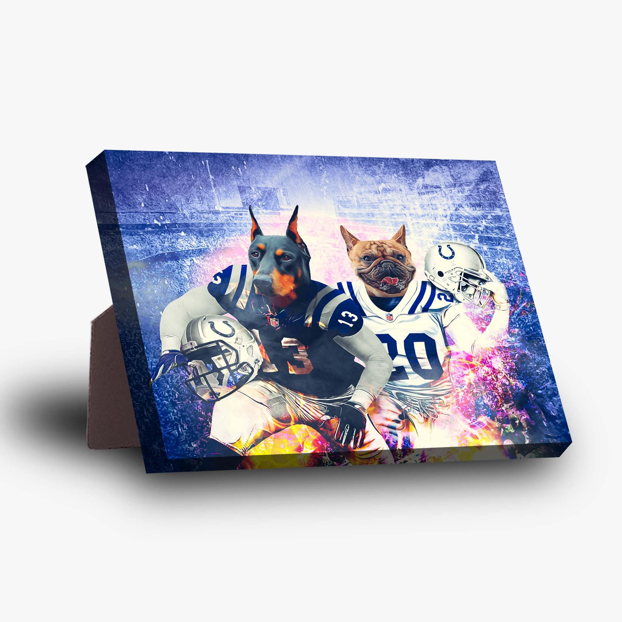 Personalized standing canvas featuring a Doberman and French Bulldog in Indianapolis Colts football uniforms.