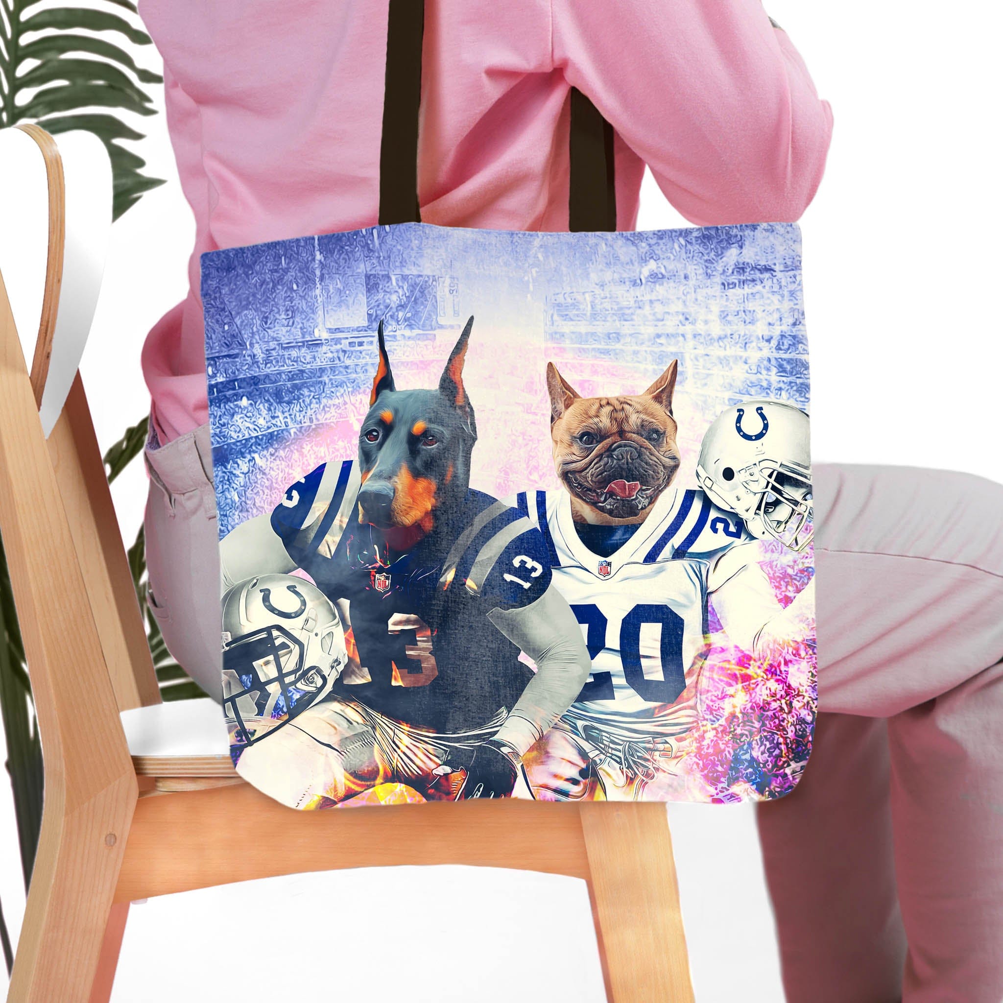 Personalized pet portrait tote bag featuring a Doberman and French Bulldog in Indianapolis Colts football uniforms.
