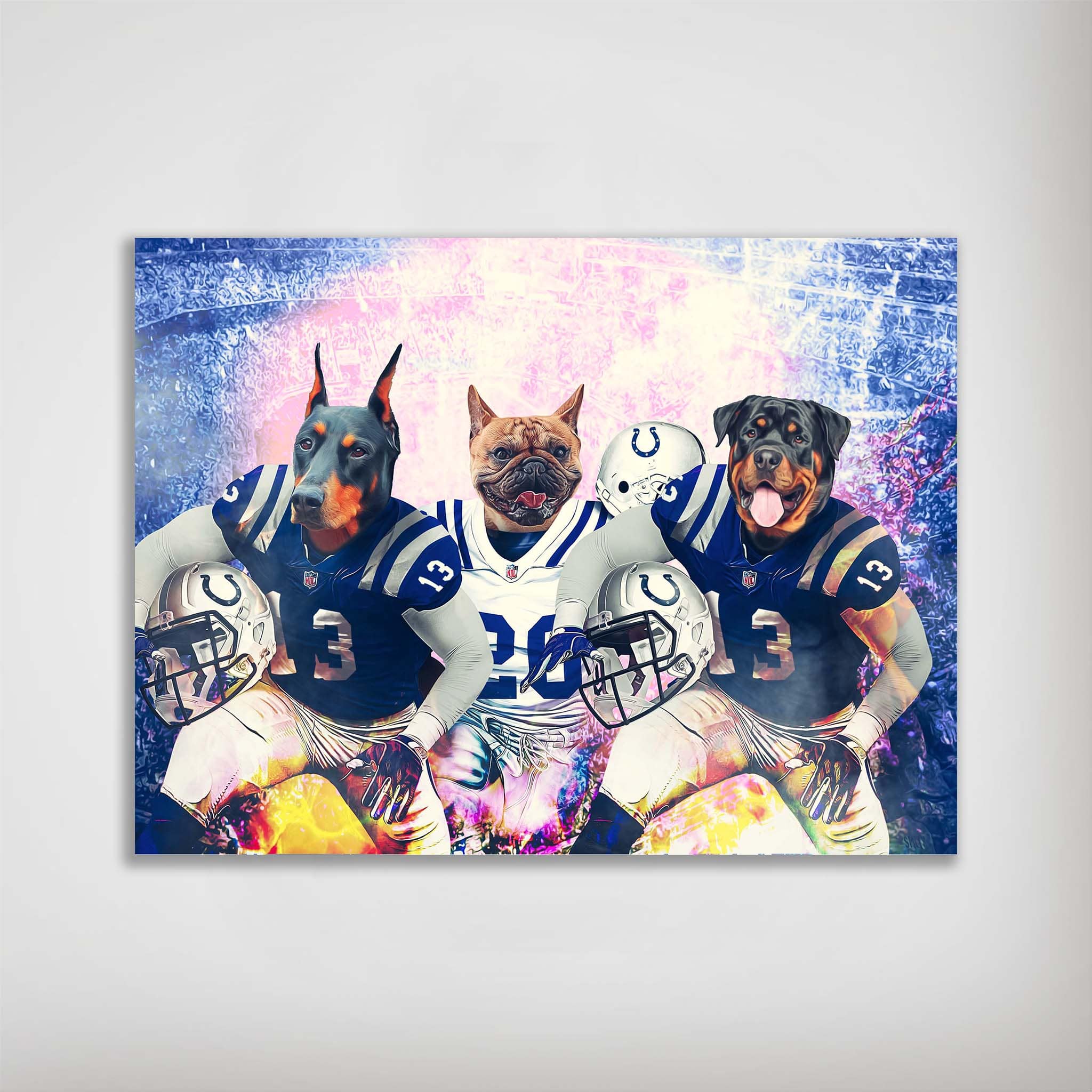 Personalized 3-pet poster featuring a Doberman, French Bulldog, and Rottweiler in blue and white football uniforms.