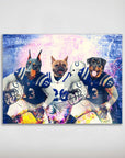 Personalized 3-pet poster featuring a Doberman, French Bulldog, and Rottweiler in blue and white football uniforms.
