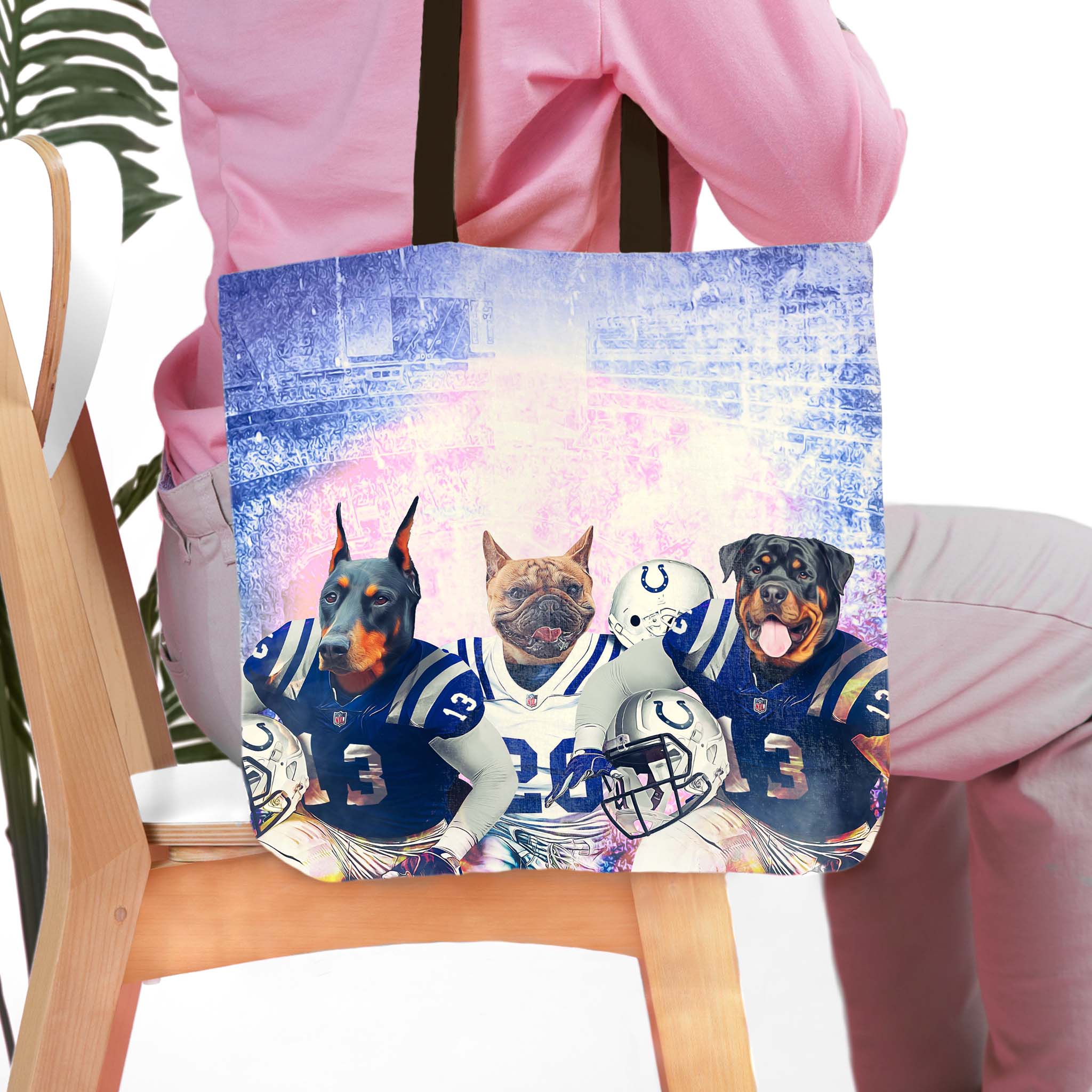 Personalized 3-pet tote bag featuring custom dog portraits in Indianapolis Colts football uniforms.
