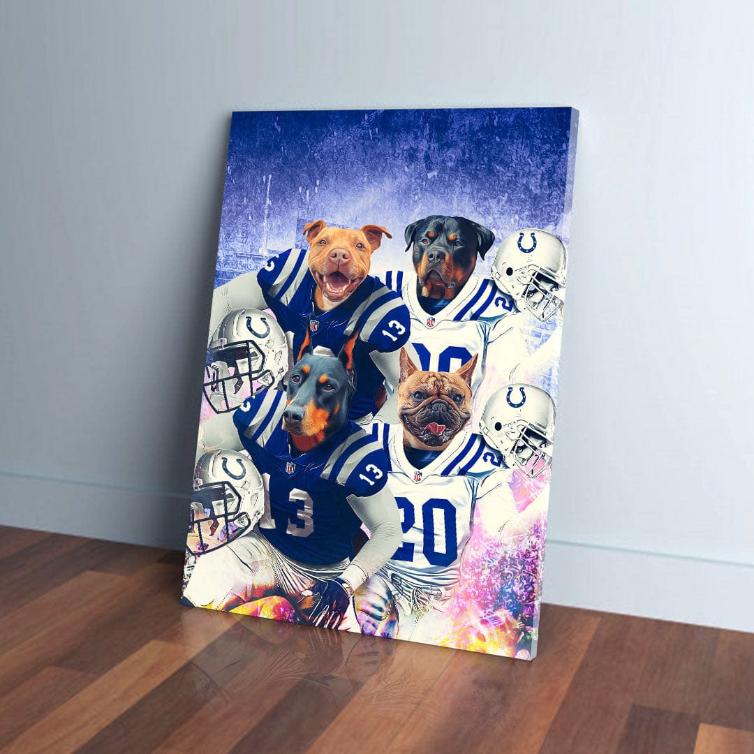 Personalized Indianapolis Doggos 4-pet canvas featuring dogs in football uniforms against a blue background.