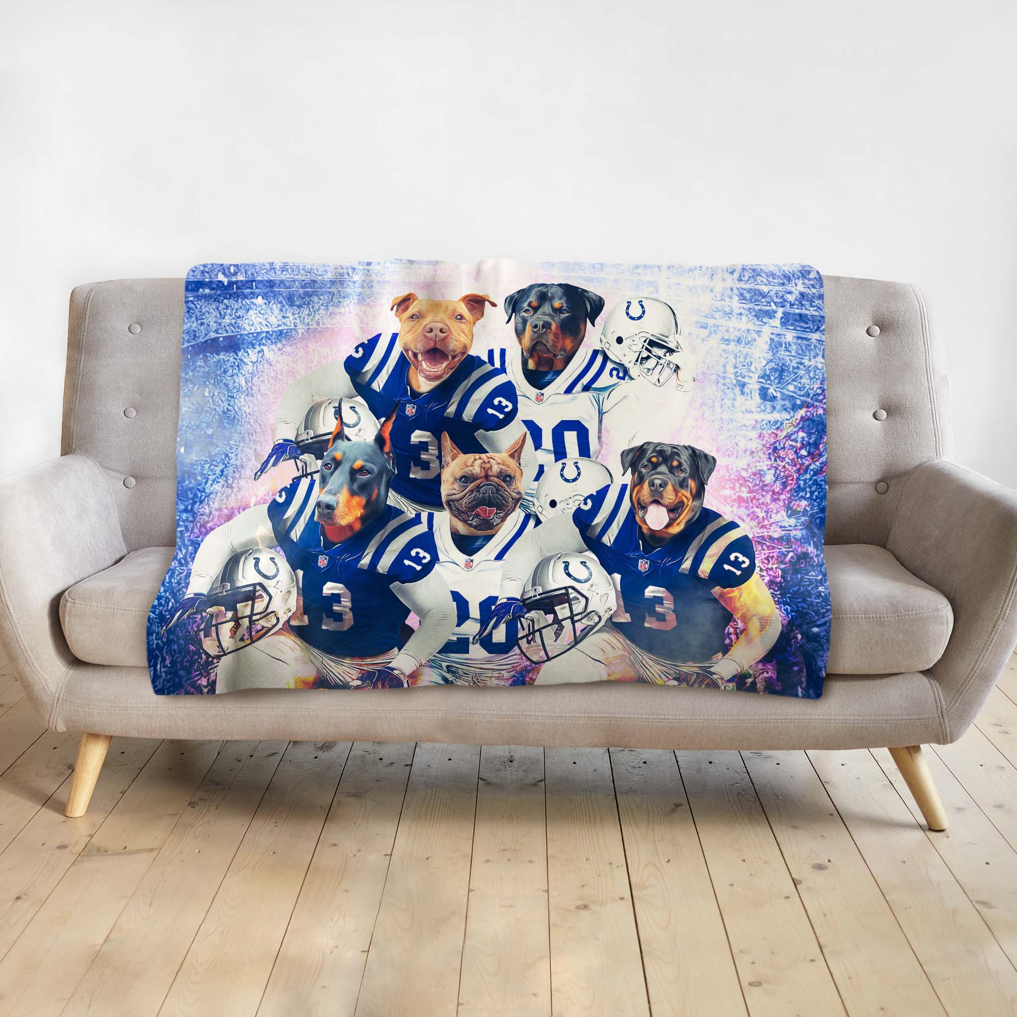 Personalized 5-pet blanket featuring dogs in Indianapolis Colts football uniforms.