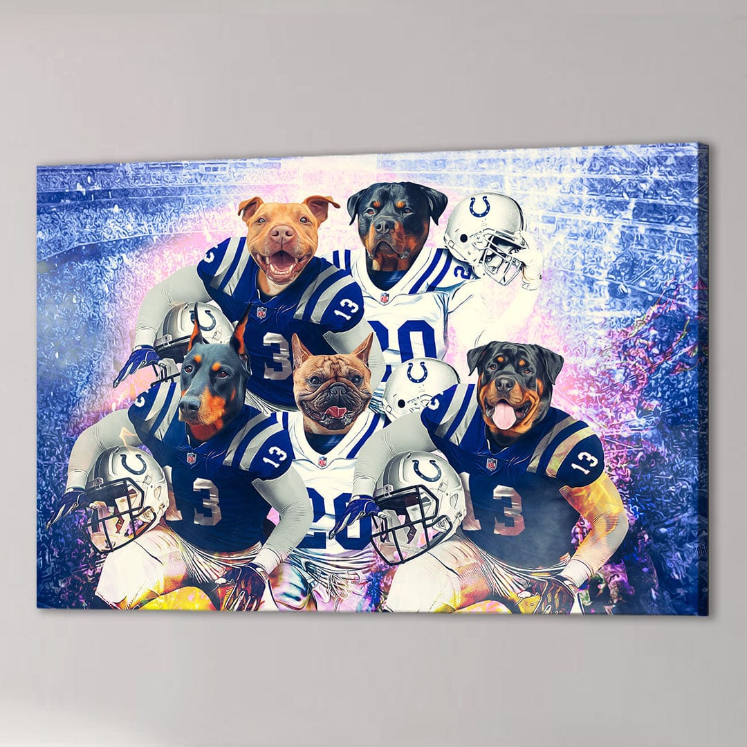 Custom 5 pet canvas featuring dogs in Indianapolis Colts football uniforms, vibrant stadium background.