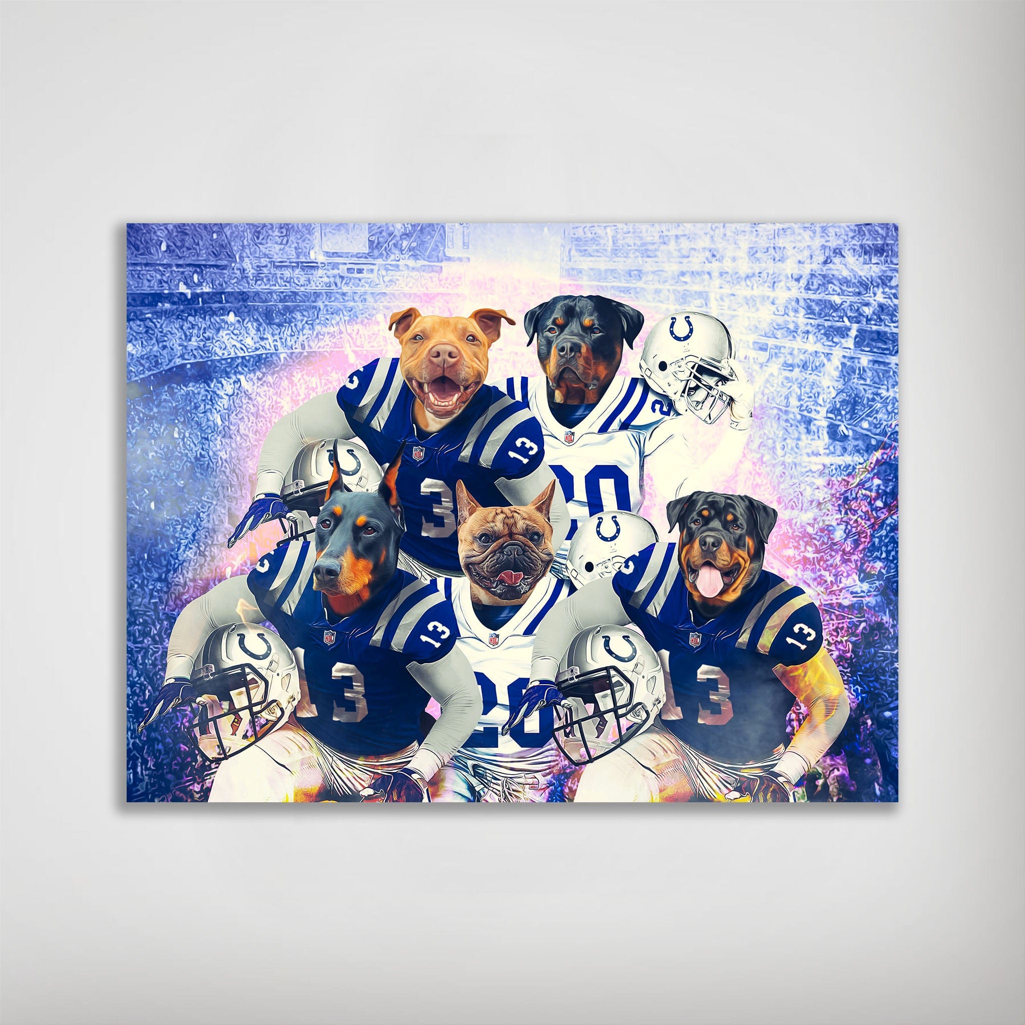 Personalized 5-pet poster featuring dogs in blue and white football jerseys with helmets, against a stadium backdrop.