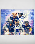 Personalized 5-pet poster featuring dogs in blue and white football jerseys with helmets, against a stadium backdrop.