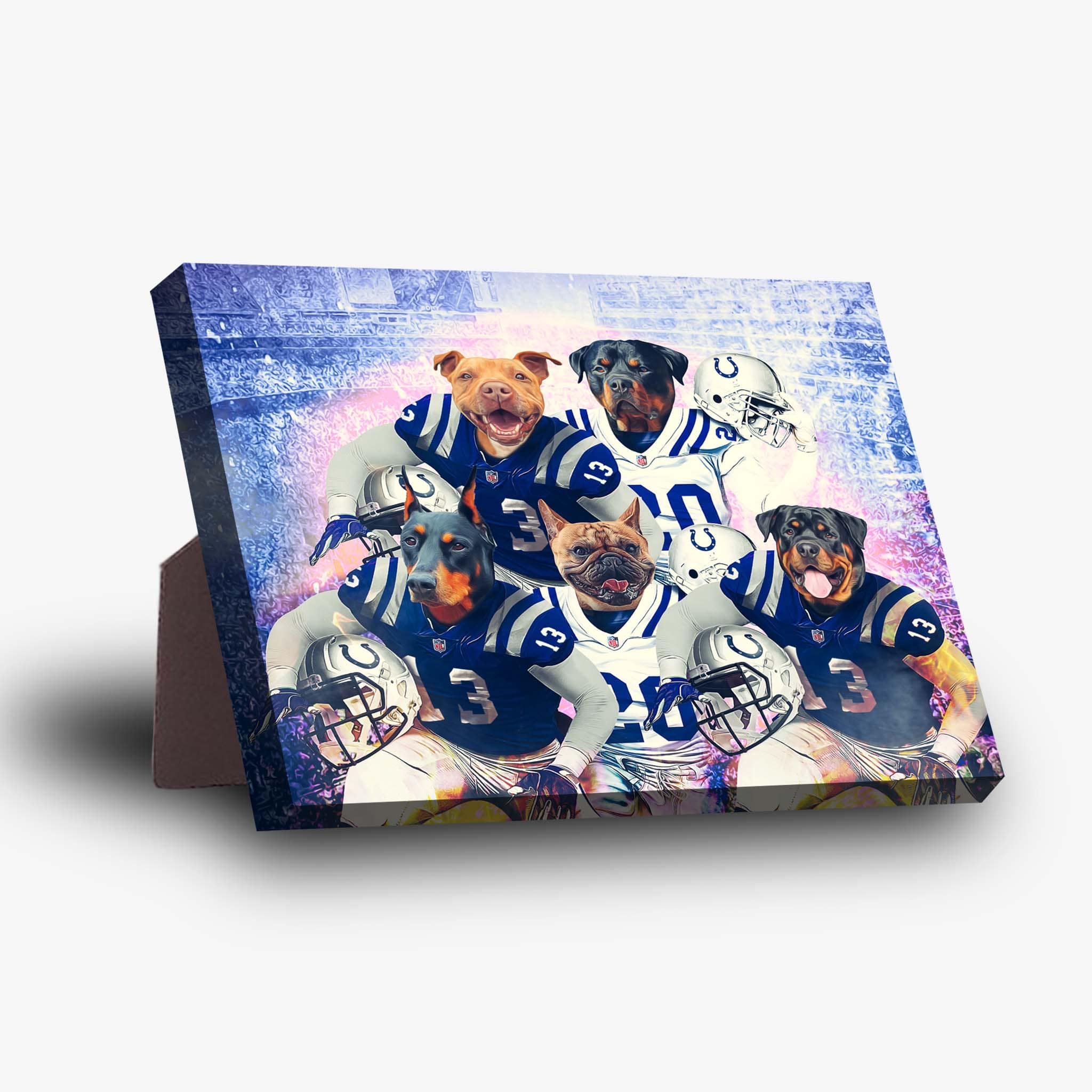 Personalized 5-pet standing canvas featuring dogs in blue and white football uniforms.