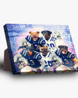 Personalized 5-pet standing canvas featuring dogs in blue and white football uniforms.