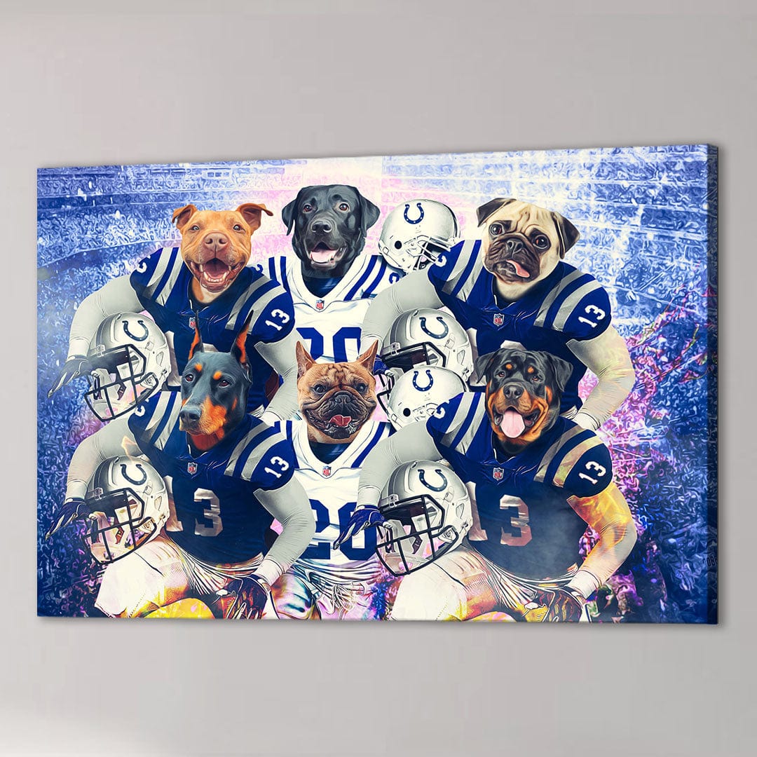 Six diverse dog breeds in blue and white football uniforms and helmets on a stadium canvas.