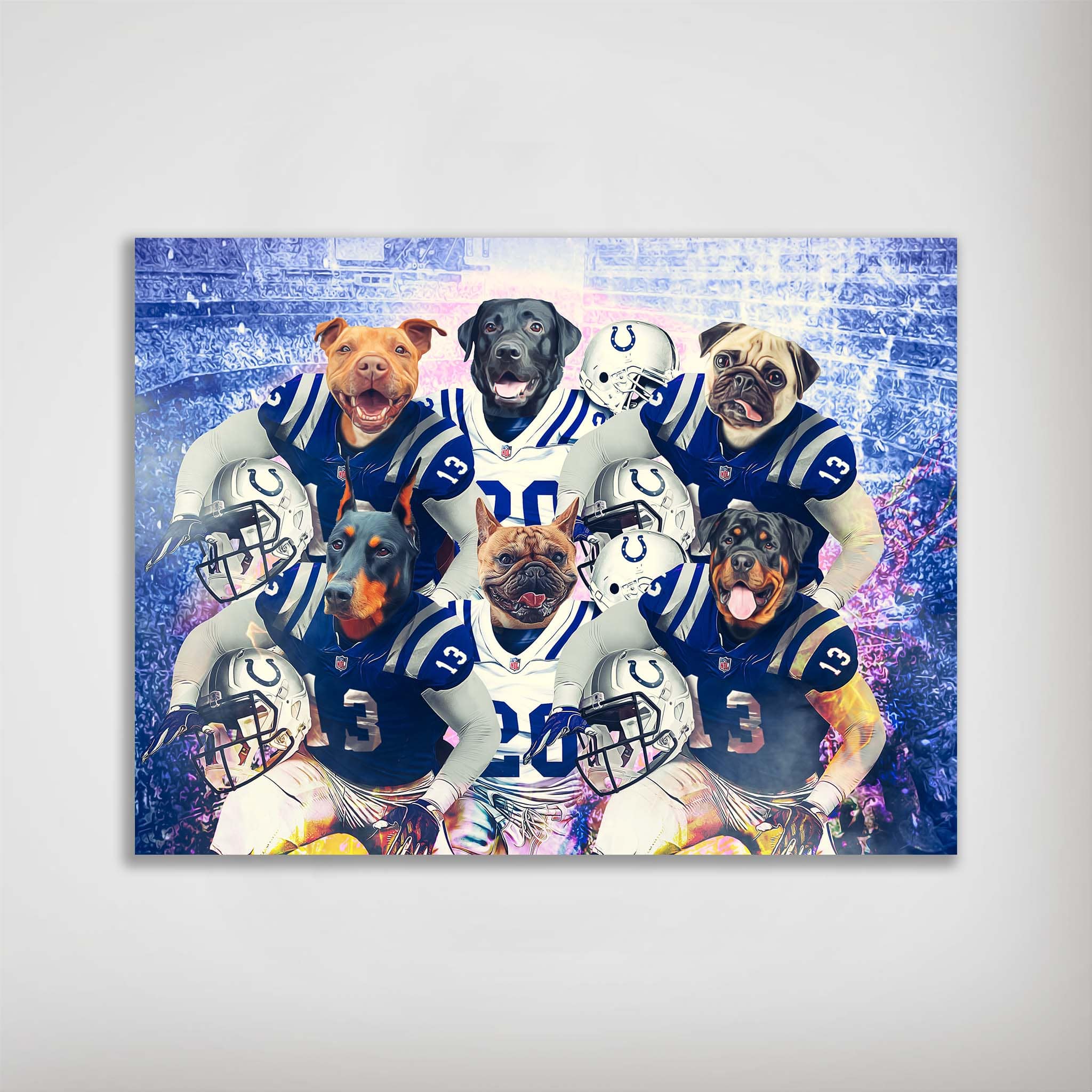 Personalized matte poster featuring six dogs in Indianapolis Colts football uniforms with helmets.