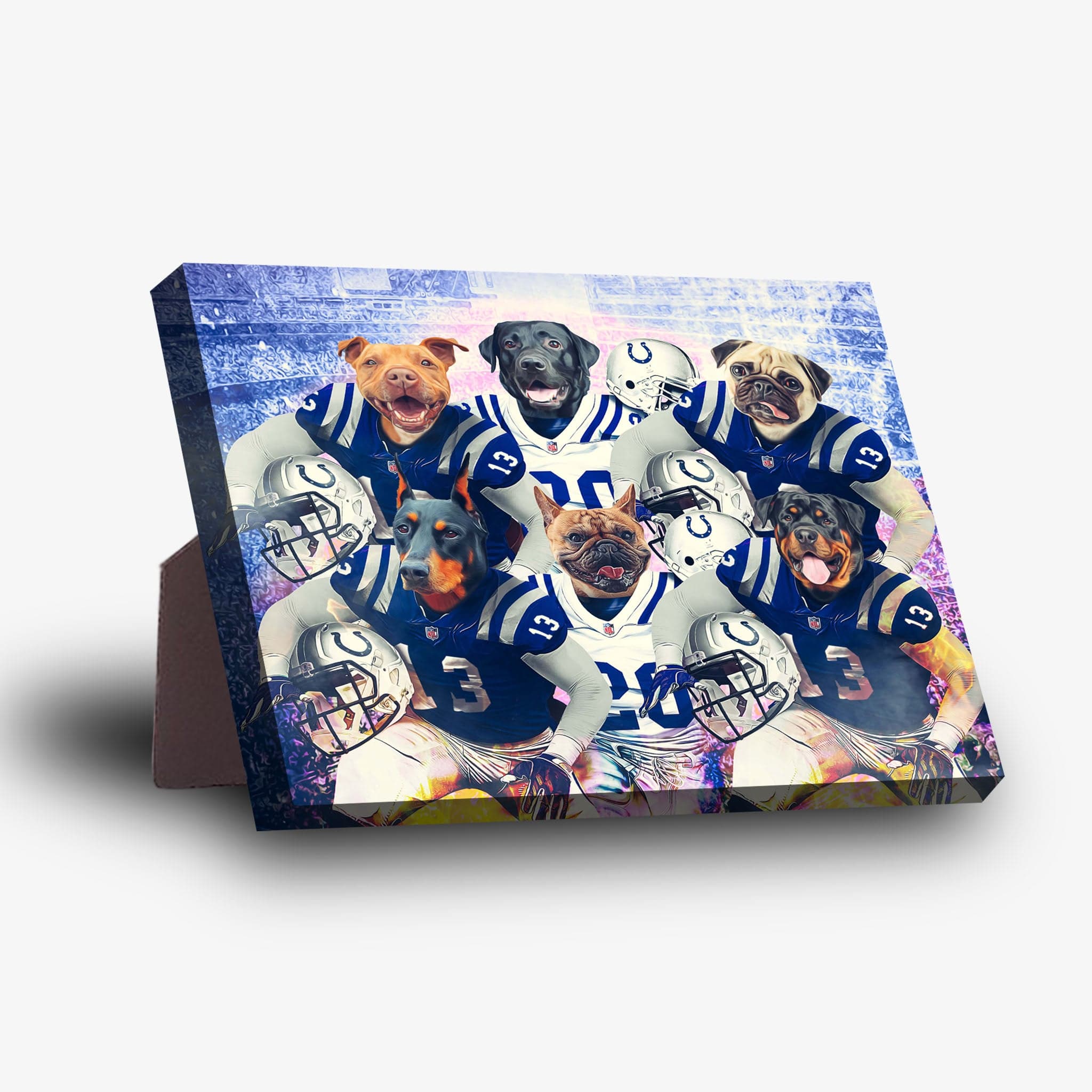 Personalized 6-pet standing canvas featuring dogs in blue and white football uniforms.