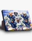 Personalized 6-pet standing canvas featuring dogs in blue and white football uniforms.