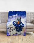 Personalized pet blanket with a Doberman dog in a blue football uniform, named "Primo".
