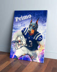 Personalized canvas featuring a Doberman in a blue Indianapolis Colts football uniform, holding a helmet.
