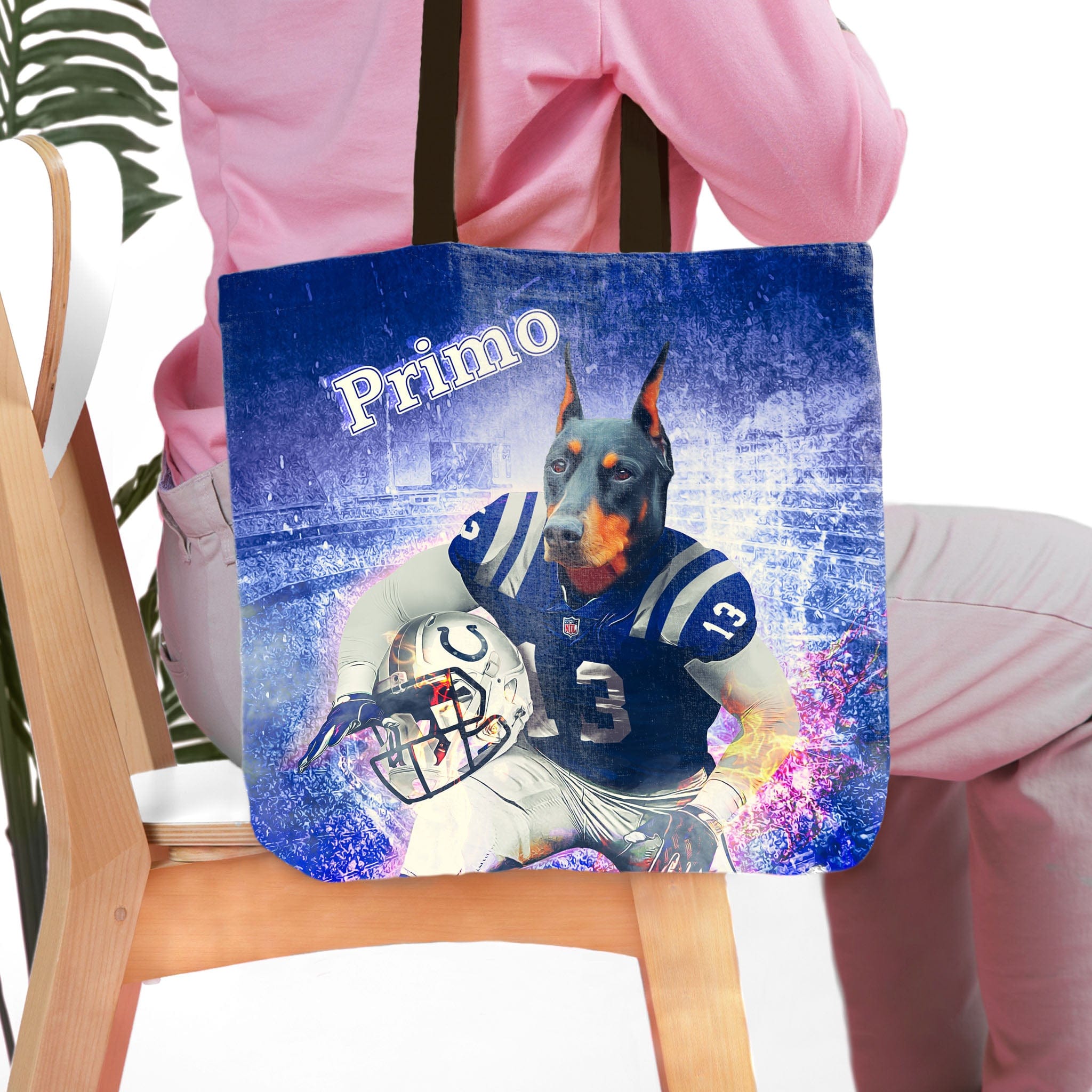 Personalized blue tote bag with a Doberman dog portrait in a football uniform.